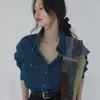 Women's Blouses Women Clothes Blue Denim Shirt 2023 Autumn Single-breasted Jeans Female Pockets Loose Fashion Lapel Cowboy Blusas