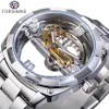 Forsining Männer Transparent Design Mechanische Uhr Automatische Silber Quadrat Goldene Getriebe Skeleton Edelstahl Gürtel Uhr Saati Y253s