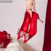 Klänningskor Chic Crystal Heel Wedding Bridesmaid 2023 Red High Bow Party Prom Chinese Style Bridal 231212