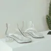 Boots Clear Crystal Chunky Heel Transparent Ankle Pointed Toe Patent Leather Patchwork Zipper Back Spring Stage