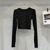 Женские футболки, осенне-зимняя коллекция 2023, женская рубашка с длинным рукавом и круглым вырезом с бриллиантами и буквами