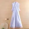 Vêtements ethniques Haute Qualité Printemps Automne Style Chinois Organza Hanfu Robe Broderie Vneck 34 Manches Rétro Ceinture Élégante Femmes SXXL 231212