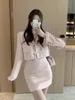 Zweiteiliges Kleid, koreanische Kerb-Tweed-Jacke, rosa Blazer, Mini-Plaid-Rock, zweiteilige Sets für Damen, Outfits, Herbst-Winter-Kleidung, Anzüge 231212