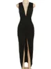 Grundlegende Casual Kleider GACVGA 2023 Sommer Mode Geraffte Lange Kleid Sexy Backless V-ausschnitt Hight Slit Frauen Bodycon Party Maxi 231212