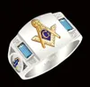 Men039s 925 Sterling Silver Twotone 18k Yellow Gold Ring Aquamarine Crystal Masonic Lodge mason Ring Band Size 7148137362