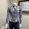 Men's Casual Shirts Autumn Youth Trendy Handsome Printed Long Sleeved Bottom Fashion Square Collar Cardigan Button Striped Tops