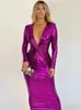 Vestidos casuais wjfzq sexy profundo decote em v manga longa magro brilhante ruched bodycon vestido mulheres noite festa elegante maxi 2023 outono inverno