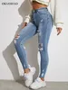 Women's Jumpsuits Rompers Light Blue Sexy Skinny Women Jeans Stretch Butt Lift Ripped Hole Denim Pants Lady Clothes Girls Tight Trousers Y2K Streetwear 231213