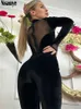 Macacões femininos macacão nsauye veludo malha retalhos bodycon macacão sólido preto sexy inverno elegante playsuits senhora festa streetwear moda macacãol231212