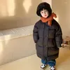 Casaco acolchoado de inverno para meninos e meninas, jaqueta longa sobre o joelho coreano, casacos grossos para crianças, parkas quentes com capuz