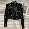 Vestes Femmes 2023 Automne Full Body Brillant Star Broche Décoration Velvet Costume Épaulière Blazer Manteau Femmes Veste Noire Court Top