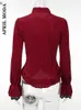 Camicette femminile velluto a vellutotto vintage rosso camicetta manica lunga a strisce maglie a strisce velluto 50s camicia irregolare orlo in pizzo busas