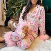 Vrouwen Nachtkleding 2 Stuk Pyjama Set Lange Mouw Revers Button Up Shirt Tops Effen Kleur Geruite Broek Kerst Sets 231213
