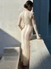 Básico Casual Dresse Moda Sólida Maxi Malha Vestido Elegante Manga Longa Skinny Stretchy Hollow Out Ladies Evening Party Bodycon Vestidos 231213