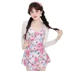 Traje de baño para mujer Mujeres Trajes de baño de una pieza con encubrimiento 2 PCS Sexy Halter Vendaje Estampado floral Mini falda Verano Push Up Beach Traje de baño