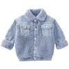 Vestes 2023 hiver chaud mode 110-160cm de hauteur enfants épaississement Denim Patchwork Plus velours veste manteau pour enfants bébé garçons fille