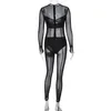 Kvinnors jumpsuits Rompers Autumn Winter 2023 Mesh Se genom Black Bodycon Jumpsuit Ropmers kvinnor Sexig långärmad enstaka festklubb overaller outfitsl231212