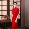 Ethnic Clothing Women Red Velvet Cheongsam Chinese Style Fashion-look Half Sleeve Dress Winter Vintage Dresses Plus Size Show Qipao S To 5XL