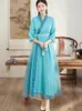 Vêtements ethniques Haute Qualité Printemps Automne Style Chinois Organza Hanfu Robe Broderie Vneck 34 Manches Rétro Ceinture Élégante Femmes SXXL 231212