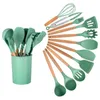 Matlagningsredskap 1112 st silikon köksutrustning nonstick cookware kök set spatula spade ägg slagare trä handtag verktyg 231213