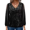 Women's Blouses Long Sleeve Blouse Elegant Sequin Patchwork V Neck For Women Hollow Out Lantern Pullover Soft Breathable Spring