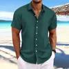 Camisas casuais masculinas 2023 algodão e linho listrado jacquard camisa de manga curta verão cor sólida estilo praia estilo