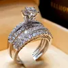 Sevimli kadın kristal beyaz diamomd halka seti lüks 925 gümüş nişan yüzüğü vintage gelinlikleri kadınlar için220f