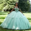 Mint Green Shiny Quinceanera Sukienki ukochane na ramię urodziny cekinowe koraliki koronkowe suknie księżniczki vestidos de 15