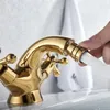 バスルームシンク蛇口Vidric Myqualife Gold Bidet Basin Faucet Dual Handles Water Brassシングルホールデッキマウントミキサータップ