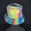 Breda brimhattar Bucket Autumn Winter Rainbow Reflective Fisherman Hat Glow in the Dark Visor Hip Hop Night Fishing 231212