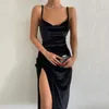 Casual Dresses European Style Long Dress For Women Solid Fashion Lady Side-slit Slim Ins Summer Inside Spaghetti Straps Sundress Basic Party