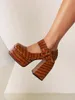 Dress Shoes Plaid Square Toe Ultra-High Thick Heel Pumps Breathable High-Heeled Waterproof Platform Buckle Retro Trend Women's