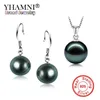 Yhamni Fashion Real 925 Sterling Silver Natural Black Pearl Pendant Halsbandörhängen set bröllop smyckesuppsättningar för kvinnor TZH001254T