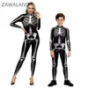 Atuendos de combate familiar Zawaland Halloween 3D Esqueleto impreso Zentai Cosplay Costume Party ParlyChild Sexy Spandex Catsuit 231212