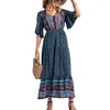 Casual Dresses Bohemian Beach Dress Women Summer Short Sleeve Floral Maxi Long Boho Clothing Robe Kvinna