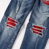 Jeans pour hommes Streetwear Fashion Designer Hommes Rétro Bleu Foncé Élastique Skinny Fit Bouton Ripped Rouge Patché Hip Hop Marque Pantalon