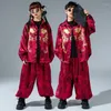 Stage Wear Enfants Hip Hop Costume Style Chinois Costume Rouge Manches Longues Garçons Street Dance Performance Vêtements Filles Vêtements BL12141