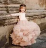 Abiti da ragazza Puffy Pink Cloud Flower Dress Ball Gown O Neck Manica lunga Prima Comunione Spettacolo Compleanno Prom Evento speciale