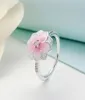 Rosa magnólia flor anéis feminino autêntico 925 prata presente de casamento conjunto de jóias para p cz diamante flores anel de noivado com 3439970