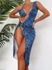 Mulheres Swimwear 2023 Leopardo Sexy Três Picec Bikini Set com Malha Transparente V-Neck Cover-up