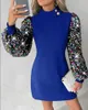 Casual Dresses Spring For Women 2024 Hock Neck Sequin Lantern Sleeve Sequin Dress Fashion Streetwear Slim Fit Elegant Mini