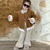 Clothing Sets 2023 Winter Korean Children Girl 3PCS Clothes Set Solid Undershirt Ball Hem Flared Pant Cotton Padded Woolen Coat Kids Suit