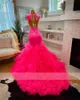 Pink 2024 O Neck Evening for Black Girls Beaded Crystal Birthday Party Gowns Mermaid Ruffles Long Prom Dresses Robe De Bal