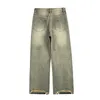 Men's Jeans Vintage Oversized Split Deconstructed Wide for Men Yellow Mud Dyed Washed Distressed Leg Cat Whisker Denim Pant 231213
