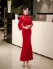 Ethnic Clothing Red Long Butterfly Sleeve Mandarin Collar Lace Edge Qipao Solid Color Evening Party Cheongsam Vestidos Chinese Dress