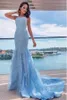 Sky Sexy Backless Blue Tiul Lace Applique Sukienki Promowe Długie kantar Spaghetti Paski Kobiety Ocn Even Evening Suknie