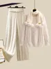 Женские брюки, зимние теплые вязаные комплекты для женщин, наряды, офисные женские элегантные пуловеры, свитера, шарф, широкие вязаные брюки 231213