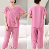 Women's Two Piece Pants Trendy Short Sleeves Breathable Mid-calf Length Grandmother Pajamas Set Elastic Waist Mom Night Clothes Women