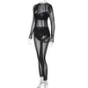 Women's Jumpsuits Rompers Autumn Winter 2023 Mesh See Through Black Bodycon Jumpsuit Ropmers Women Sexy Long Sleeve One Piece Party Club Overalls OutfitsL231212