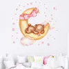 Adesivo de parede aquarela fofo de desenho animado, urso de pelúcia na lua, laço rosa, decalques de parede, quarto infantil, berçário de bebê, decoração de casa